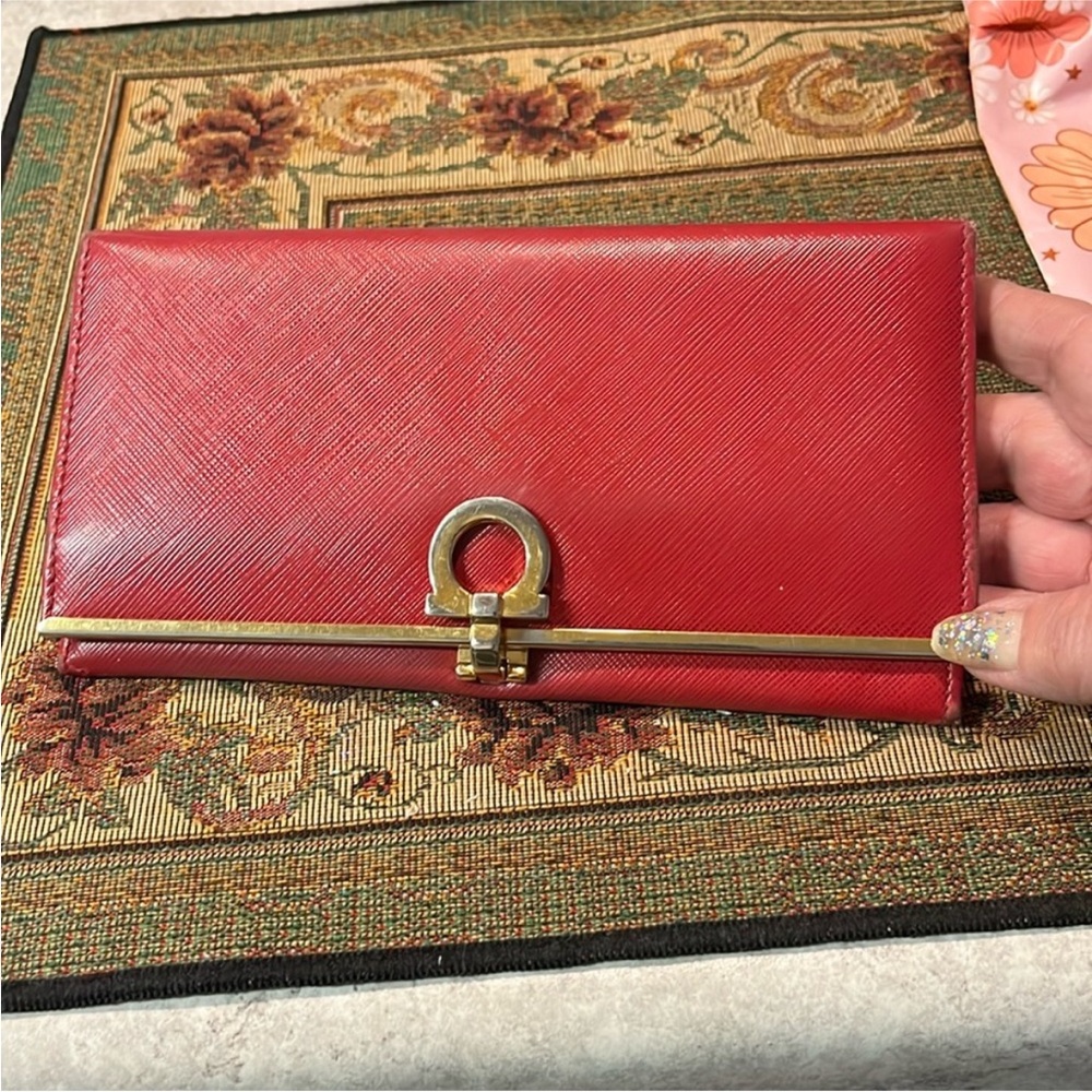 Salvatore Ferragamo Red Saffiano Leather Gancini Continental Wallet